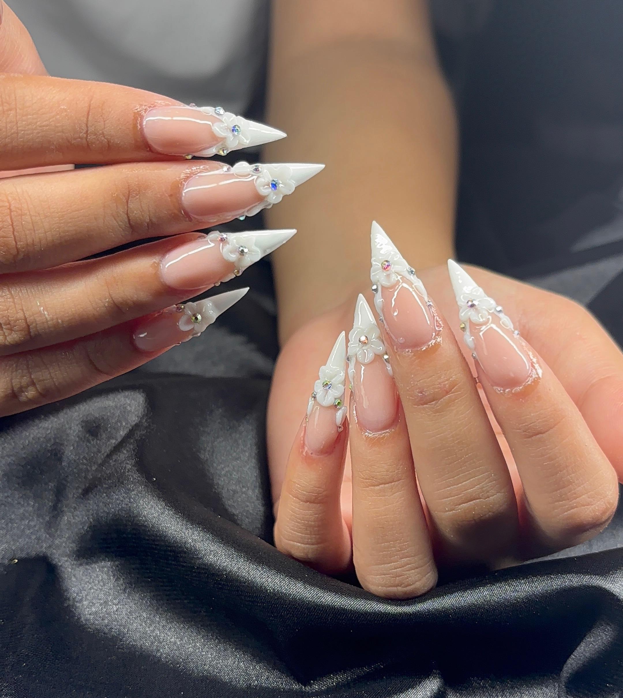 Gold rhinestone stiletto nails by Luxe Nails